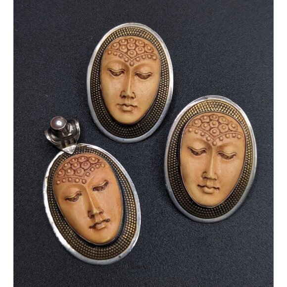 Tabra Guan Yin Buddha Goddess Resin Face Sterling Silver Earrings Pendant Set - Picture 2 of 16